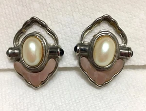 Vintage Richelieu Pewter tone & faux Pearl Clip Earrings #8-7 - Picture 1 of 3