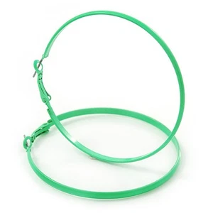 60mm Lime Green Enamel Flat Hoop Earrings In Silver Tone - Large - Picture 1 of 4