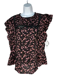 Jessica Simpson Womens Medium Ruffle Floral Sleeveless Blouse Black Pink - Picture 1 of 14