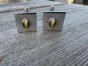 Simmons Sterling Silver Cufflinks Tigers Eye Vintage Square - Picture 1 of 3