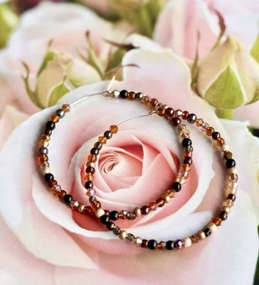 "Pendientes de aro grandes oro marrón mezcla cuentas de vidrio cristales 2,5"" ligeros" Foto 1 de 2