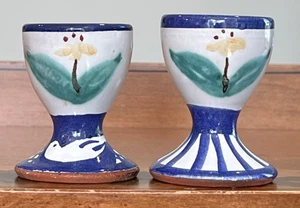 Damariscotta Art Pottery Maine Floral Hand Painted Footed Egg Cups Set of 2 - Picture 1 of 5