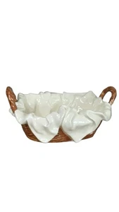 Vtg Ceramic Woven Basket Handles Cloth Liner Decorative Bread Basket Centerpiece - Picture 1 of 16