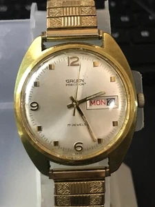 GRUEN PRECISION SWISS MADE 17 Jewels GOLDEN DAY/DATE MEN'S WATCH, Runs (LOT2210) - Picture 1 of 12