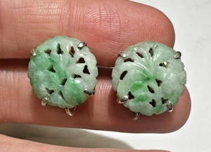 Carved Green Celadon Jadeite Jade Sterling Silver Screw Back Vintage Earrings - Picture 1 of 6