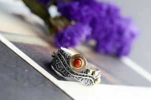 D10 Anello pelle Serpente Con Agata Rosso 925 Argento Sterling Misura Regolabile - Foto 1 di 10