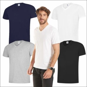 5 PACK Uneek Mens Classic V-Neck T-Shirt Plain 100% Cotton Blank V Neck Teeshirt - Picture 1 of 10