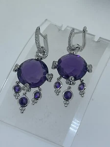 14K White Gold Diamonds Amethyst Dangle Earrings - Picture 1 of 8