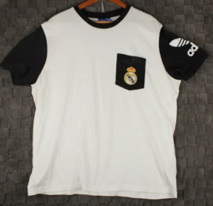 Vintage Adidas Real Madrid Ringer T-Shirt Logo Tasche Herren XL Tasche Faded White - Bild 1 von 10