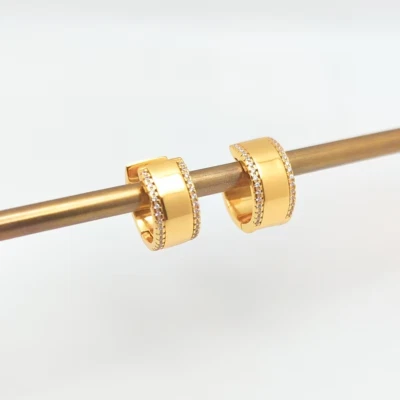 18K Gold Plated Wide Huggie Hoop Earrings with Cubic Zirconia Border for Women - Image 1 of 4