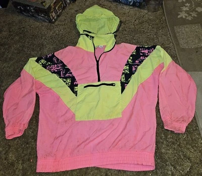 Vintage Hooded Nylon 1/2 Zip Pullover Windbreaker - Color Neon Pink & Yellow - M - Изображение 1 из 4