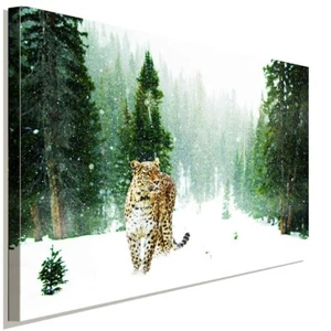 Schneeleopard im Wald Leinwandbild AK Art Bilder Wanddeko Wandbild Kunstdruck - Bild 1 von 5