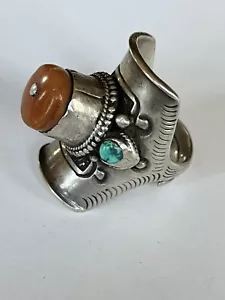 Großer alter Vintage Sterling Ring mit Türkis und Korallenmacher Marke Stempel Größe 9 - Bild 1 von 9
