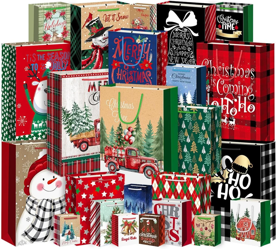 Pack de 24 tamaños surtidos con 24 etiquetas de regalo, bolsas de papel de Navidad con asa, 6 jum Foto 1 de 4