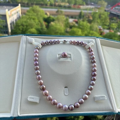 элегантный 10-12 мм Южное море круглый лаванда жемчуг ожерелье и кольцо 925s - Изображение 1 из 3