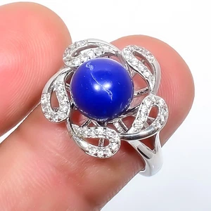 Lapislazuli & weißer cz Edelstein versilbert Schmuck Ring Adst. (R57) - Bild 1 von 3