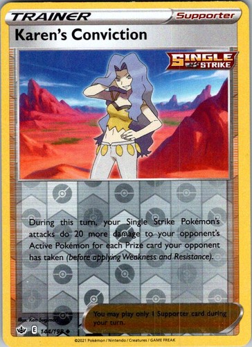 Karen's Conviction 144/198 Reverse holo Pokémon Trainer card with rugged desert-themed artwork and orange-black accents.