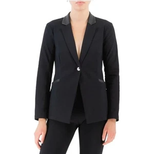 Elaine Kim Tech Stretch Black Vegan Leather Trim Blazer Size Petite - Picture 1 of 14