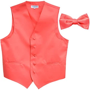 New Men's Formal Vest Tuxedo Waistcoat Coral with Bowtie wedding prom party - Picture 1 of 5