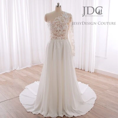 Asymmeric Illusion Lace Chiffon Wedding Dress Bridal Gown 2-28W Custom made Top - Image 1 of 4