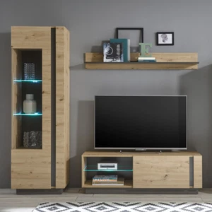 Kleine TV Wohnwand Eiche Graphit grau Vitrine Lowboard Wandboard Wohnzimmer LED - Bild 1 von 8