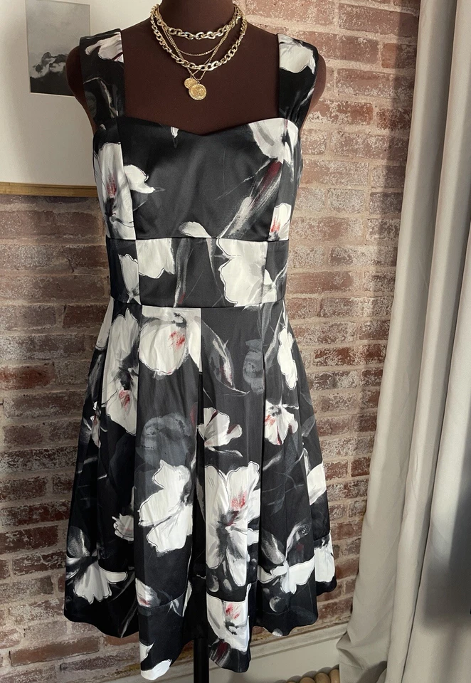 White House Black Market Black White Floral Party Wedding Swing A-Line Dress 10 - Image 1 of 4