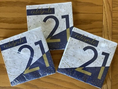 Lot Of 3 Navy & Gold 21st Birthday Lunch Napkins Paper 16 Per Pack 6.5" x 6.5" - Image 1 of 4