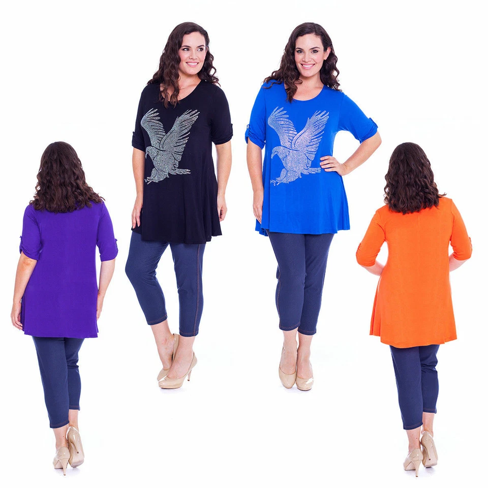 New Womens Plus Size Top Ladies Eagle Stud Rhinestones Shirt Bird Tunic T-Shirt - Image 1 of 1