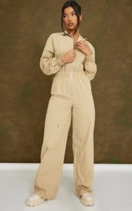 NEW PrettyLittleThing Women's Panel Zip Front Parachute Jumpsuit- Stone- (US 10) - Picture 1 of 13