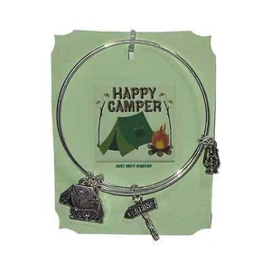 New Camping Theme Bangle Charm Bracelet Silver Handmade Expandable - Picture 1 of 5
