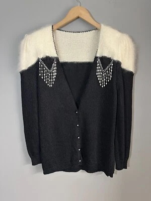 Cárdigan de Colección Años 80 Manga Abullonada Tejido Suéter Mediano Difuso Angora Negro Marfil Hielo Foto 1 de 4