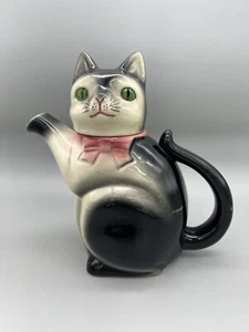 Vintage ERPHILA WEST GERMANY Black White Cat Green Eyes Teapot 8 .75”H 1940's. - Picture 1 of 23