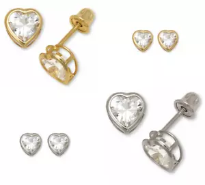 14K Solid Yellow/White Gold Heart Stud Earrings Birthstone - Picture 1 of 24