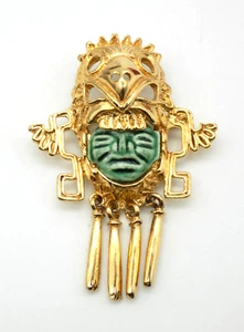 SALVADOR TEHRAN MARBEL GOLD CERAMIC BROOCH AZTEC Mayan Pink WARRIOR Pin Brooch - Picture 1 of 4