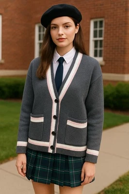 Maje Wool Varsity Cardigan Button Up Collegiate |Sz 1 US Small Grey Pink Preppy - Image 1 of 4