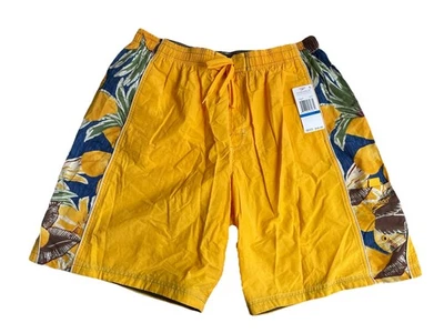 SPEEDO BOARD SHORTS MEN XL YELLOW FLORAL ELASTIC WAIST SWIMSUIT BEACH POOL - Image 1 of 4