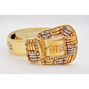 Vintage Isabel USA M/L Crystal Belt Buckle Gold Embossed Belt Size 31/35 1980s - Picture 1 of 12