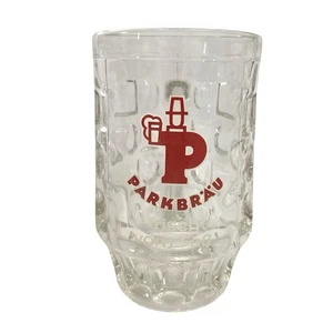 Taza de cerveza alemana Parkbrau vintage de 0,5 litros de vidrio transparente pesado gráficos rojos Stein - Imagen 1 de 7