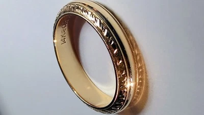 Banda de trigo y milgrain de oro de 14 k tallada en arte de colección, como nueva, EE. UU. 9,25-9,5 Foto 1 de 4