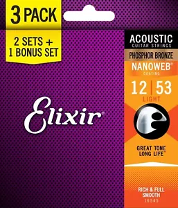 PACK OF 3 SETS GUITAR ACOUS STRINGS. ELIXIR NANOWEB PHOSPH. BRONZE LIGHT 16545 - Picture 1 of 3