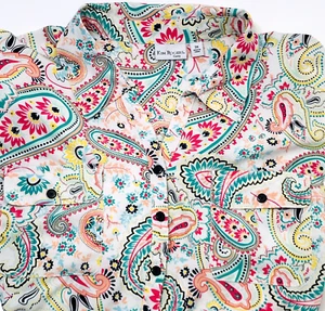 Kim Rogers Curvy Plus Sz 3X Vibrant Paisley Button Artsy Blouse Roll Tab Sleeve - Picture 1 of 10