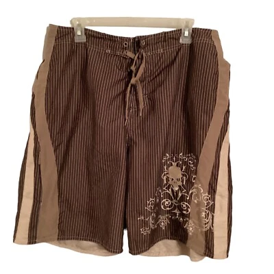 Joe Boxer Men's Large Brown Stripe With Skull Graphic Swim Trunks Side Pocket - Image 1 of 4