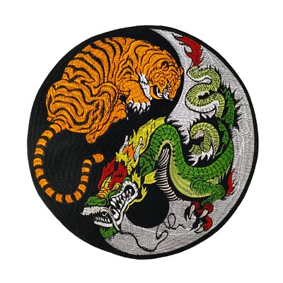 Large Round Iron On Patch - Yin Yang with Tiger and Dragon Embroidered Applique - Image 1 of 4