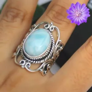 Larimar Gemstone 925 Sterling Silver Ring Handmade Jewelry Ring For Gift - Picture 1 of 3