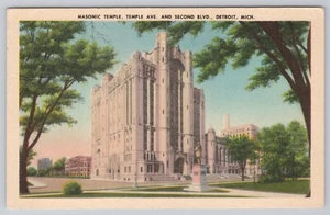 NEW MASONIC TEMPLE TEMPLE AVENUE AND SECOND BLVD DETROIT MICHIGAN POSTCARD - Picture 1 of 2