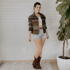 Vintage 90s Jacket Jacquard Paisley Pattern Metallic Fall Colors Boxy Fit - Picture 1 of 7