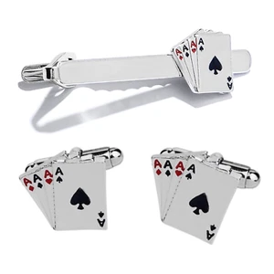 Aces Poker Cufflinks & Tie Clip Gift Set | Wedding Cuff Links, Groomsmen Gifts - Picture 1 of 6