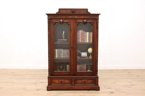 Victorian Renaissance Antique Carved Walnut Office or Library Bookcase #41752 Cover