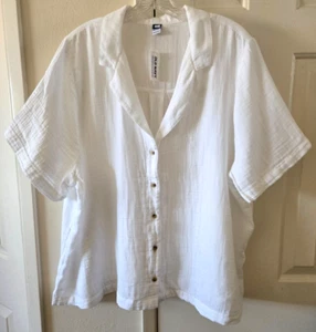 White Gauzy Cotton Crinkle Cloth Short Sleeve Buttondown Camp Top XXL 22 2XL 2X - Picture 1 of 7