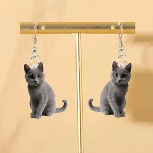 Cat Gray Earrings Jewelry Acrylic Dangle Russian Blue British Shorthair Chartreu - Picture 1 of 7